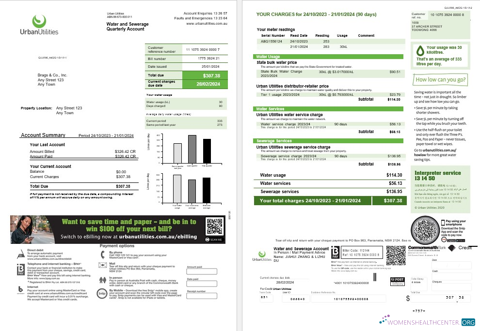 Download Australia Urban Utilities Word and Pdf business utility bill template 2 pages Photoshop template
